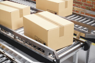 shipping boxes on a conveyor belt